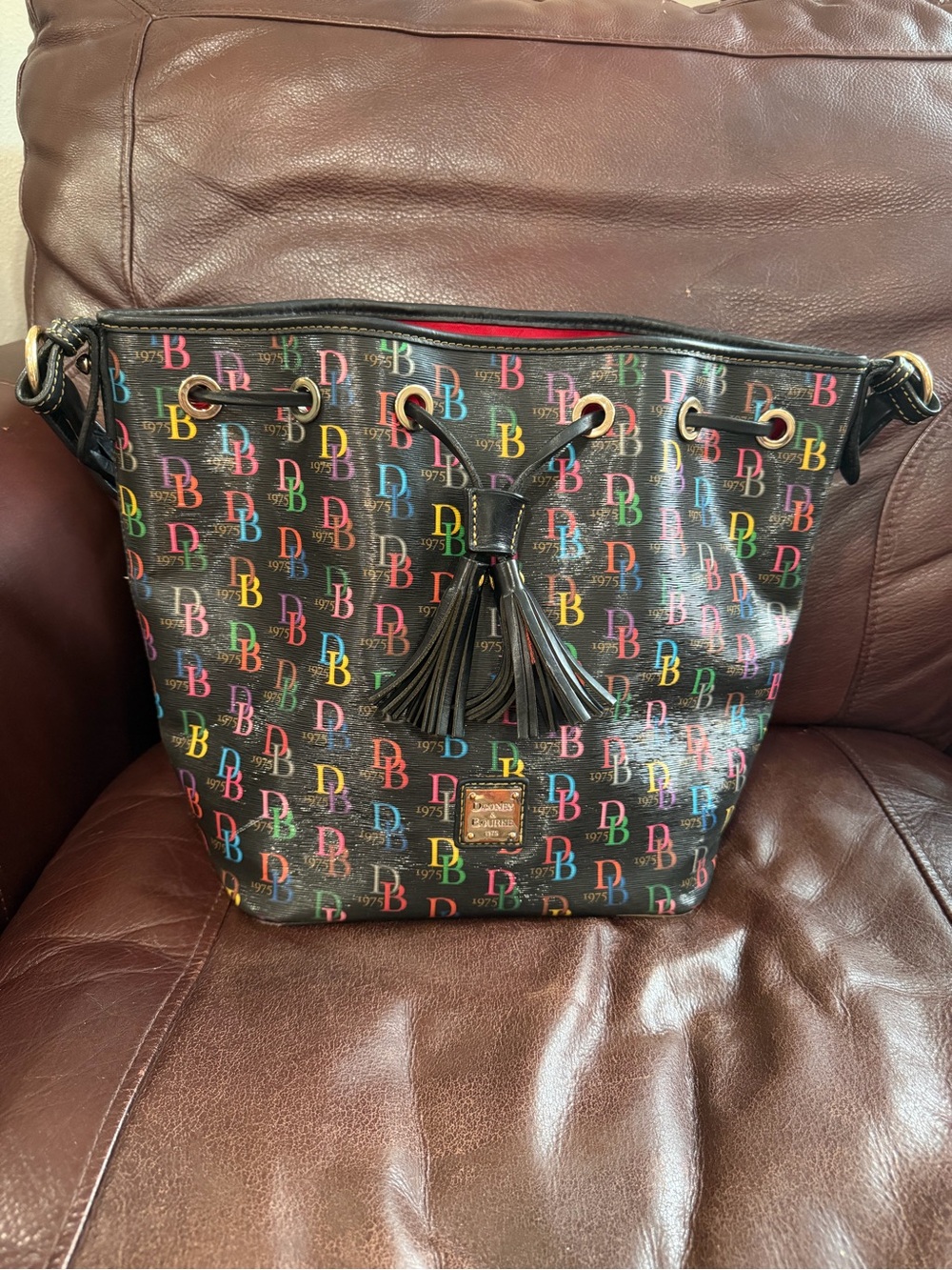 Dooney & Bourke Black Multicolor DB Logo Drawstring Shoulder Bag